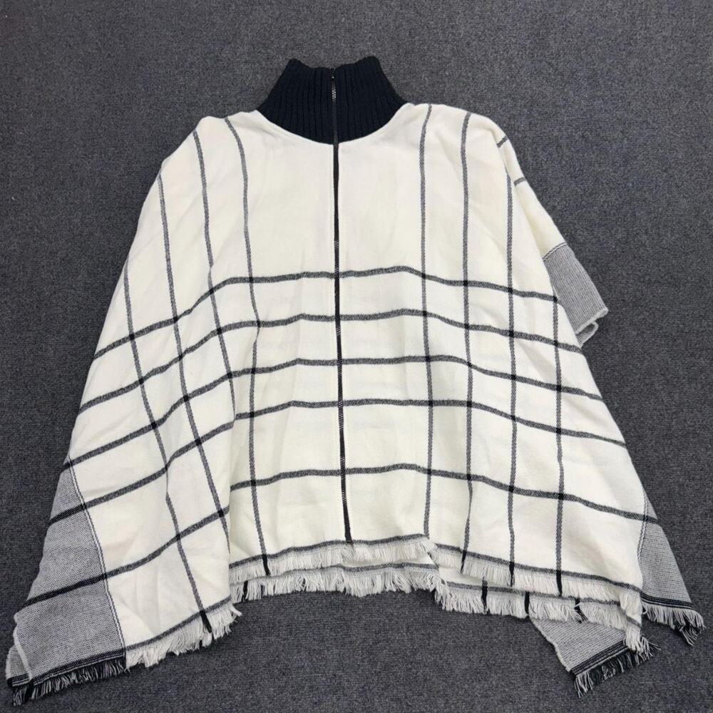 Marc New York Cape Poncho Women's One Size White Plaid Ribbed Turtleneck Fringe